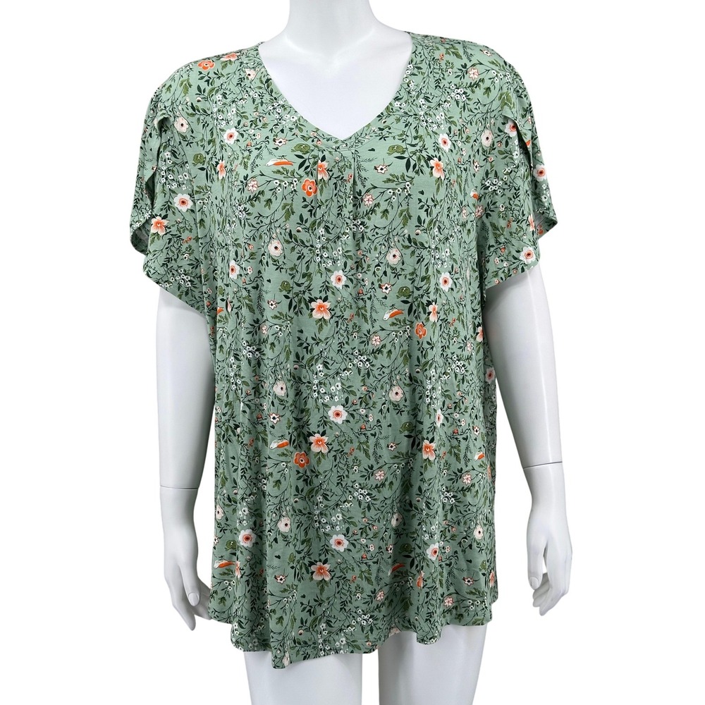 Bestbee Top Womens‎ 3XL Green Floral V-Neck Short Sleeve Stretch Spring Romantic